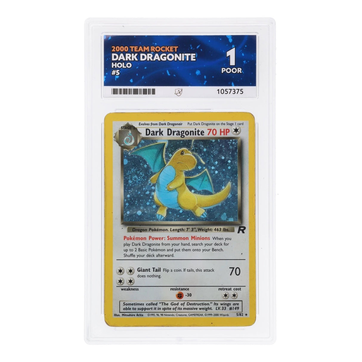 Pokemon - Team Rocket - Dark Dragonite - 5/82 (ACE 1 Art Label Graded Slab)