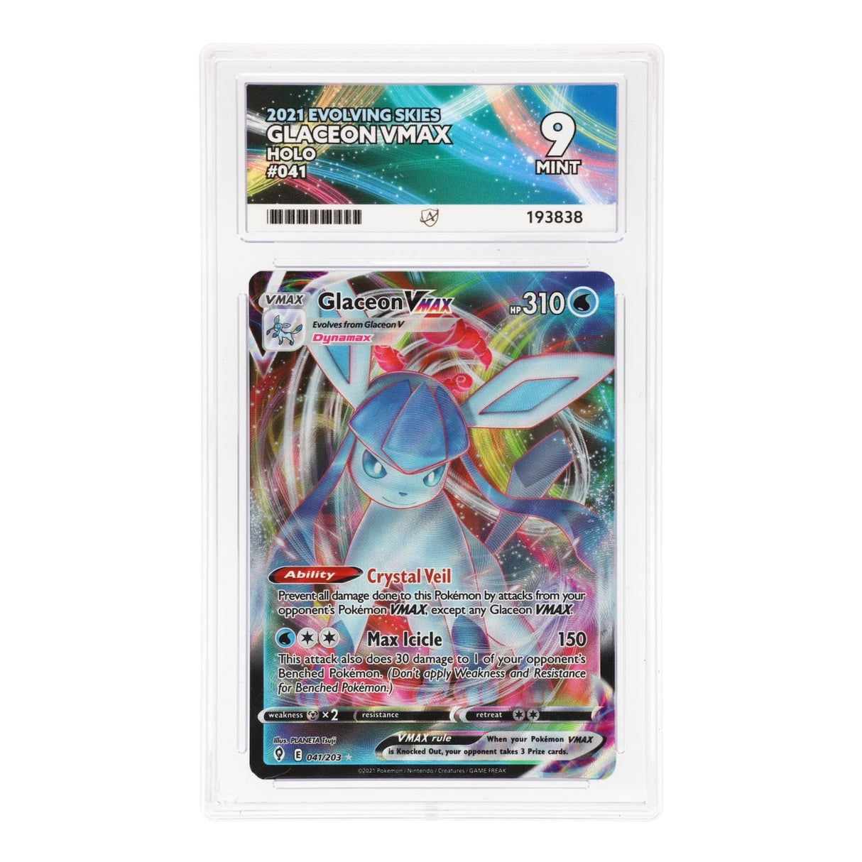 Pokemon - Sword & Shield - Evolving Skies - Glaceon VMAX - 041/203 (ACE 9 Art Label Graded Slab) - JET Cards