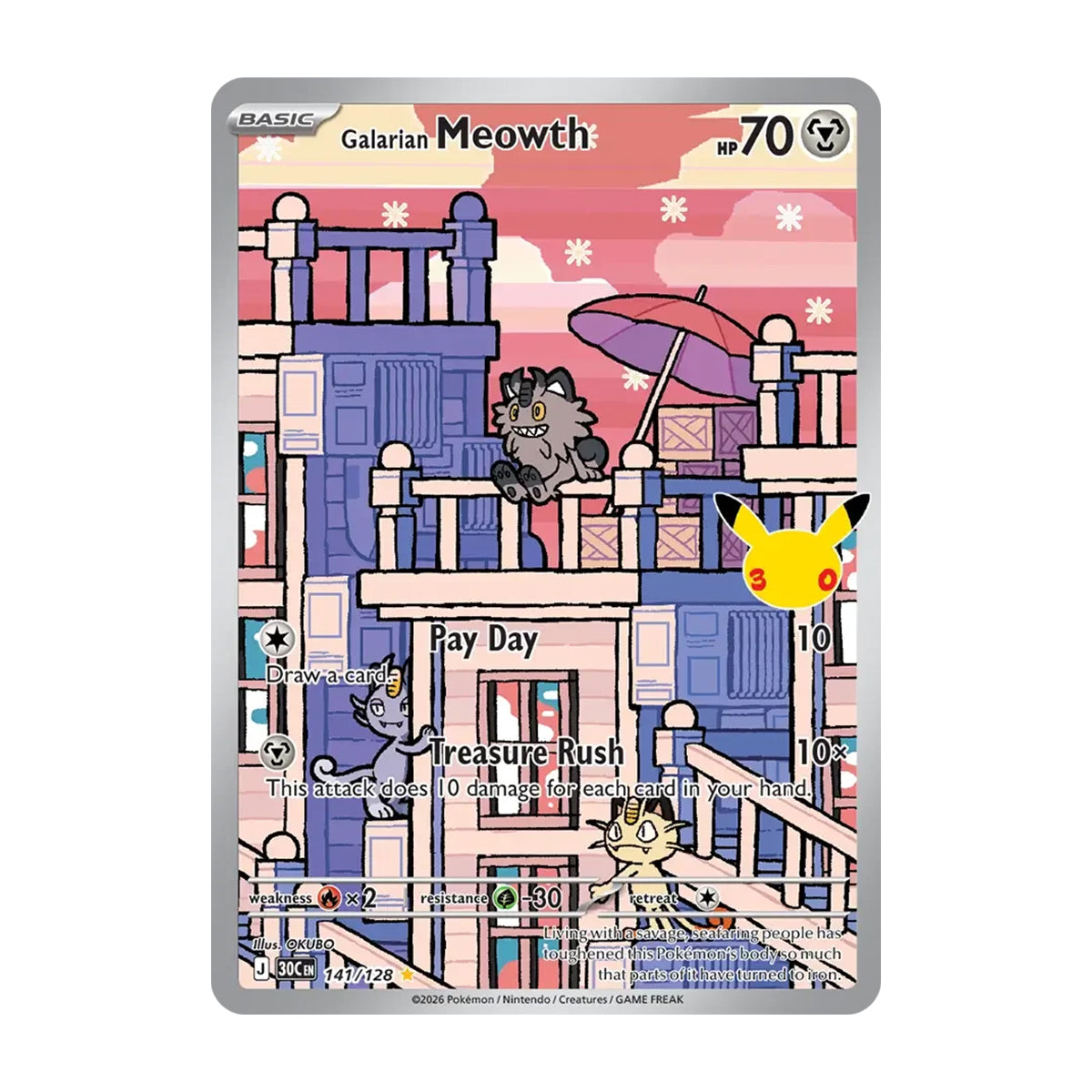 Galarian Meowth 141/128 - Mega Evolution - 30th Celebration - Illustration Rare