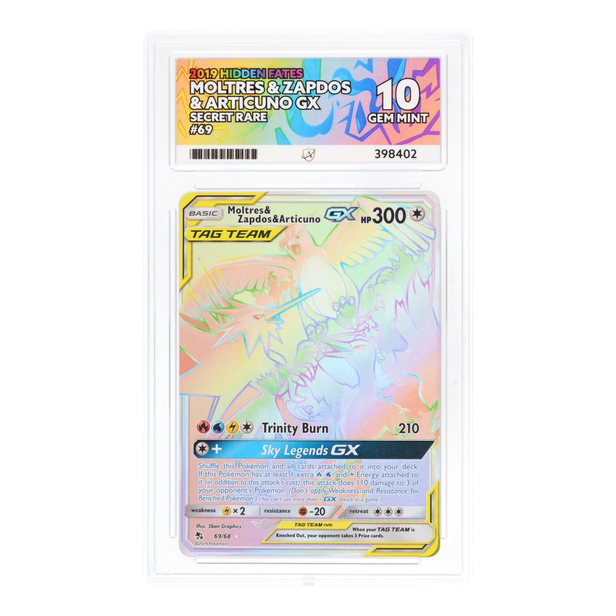 Pokemon - Sun & Moon - Hidden Fates - Moltres & Zapdos & Articuno GX - 69/68 (ACE 10 Art Label Graded Slab) - JET Cards