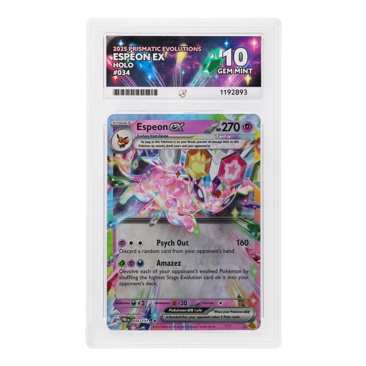 Pokemon - Scarlet & Violet - Prismatic Evolutions - Espeon EX - 034/131 (ACE 10 Art Label Graded Slab)