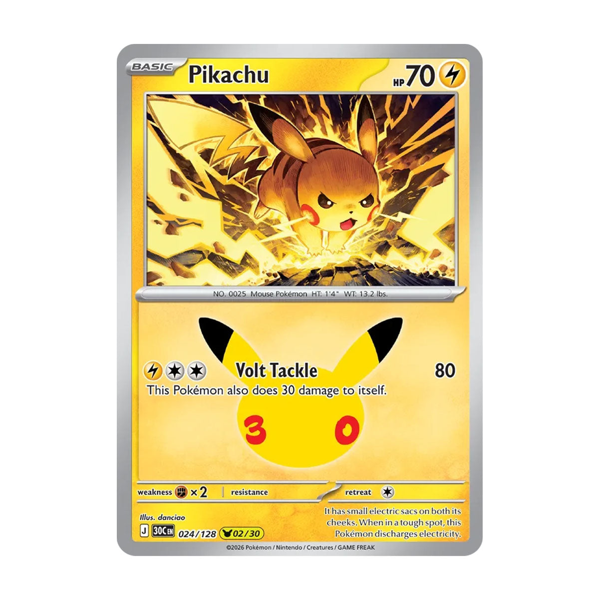 Pikachu 024/128 (02/30) - Mega Evolution - 30th Celebration - Pikachu Rare - JET Cards