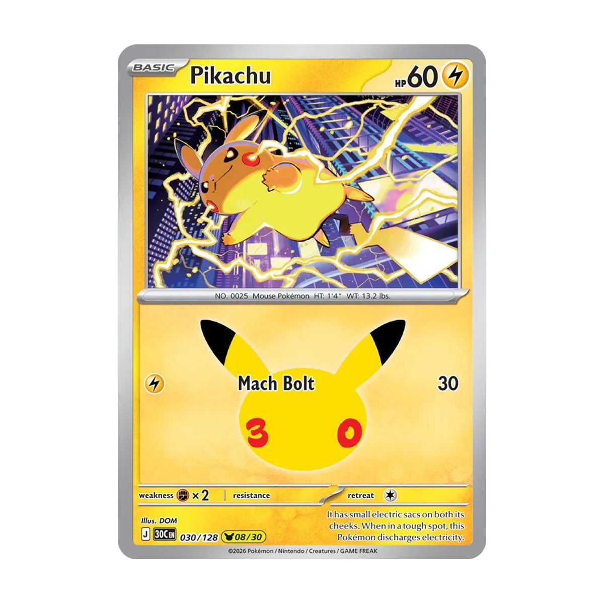 Pikachu 030/128 (08/30) - Mega Evolution - 30th Celebration - Pikachu Rare - JET Cards