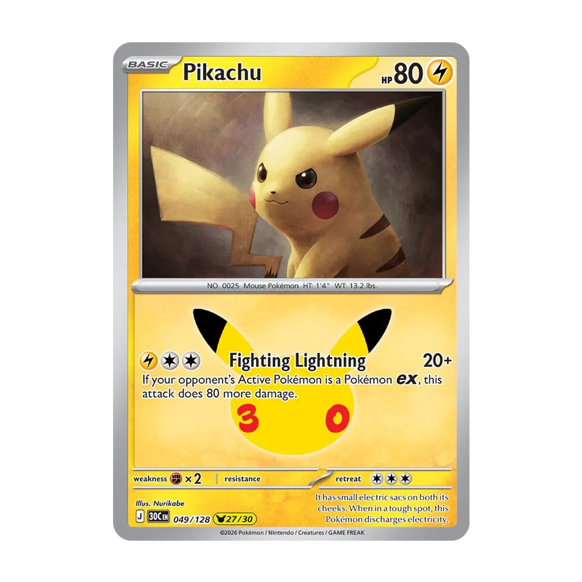 Pikachu 049/128 (27/30) - Mega Evolution - 30th Celebration - Pikachu Rare - JET Cards