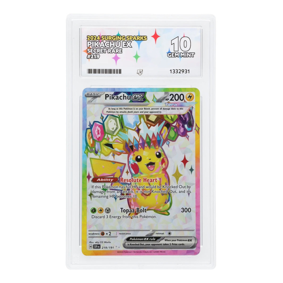 Pokemon - Scarlet & Violet - Surging Sparks - Pikachu EX - 219/191 (ACE 10 Art Label Graded Slab)