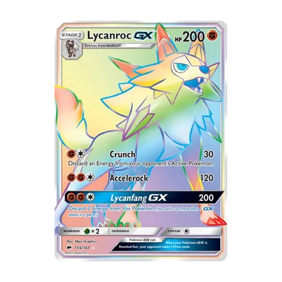 Lycanroc GX 155/147 - Sun & Moon - Burning Shadows - Rare Rainbow