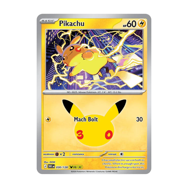 Pikachu 030/128 (08/30) - Mega Evolution - 30th Celebration - Pikachu Rare - JET Cards