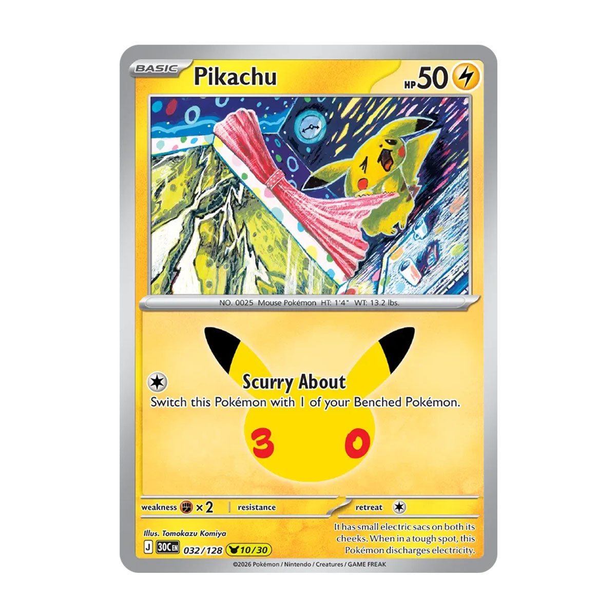 Pikachu 032/128 (10/30) - Mega Evolution - 30th Celebration - Pikachu Rare - JET Cards
