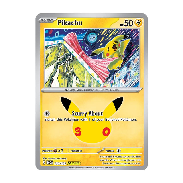 Pikachu 032/128 (10/30) - Mega Evolution - 30th Celebration - Pikachu Rare - JET Cards