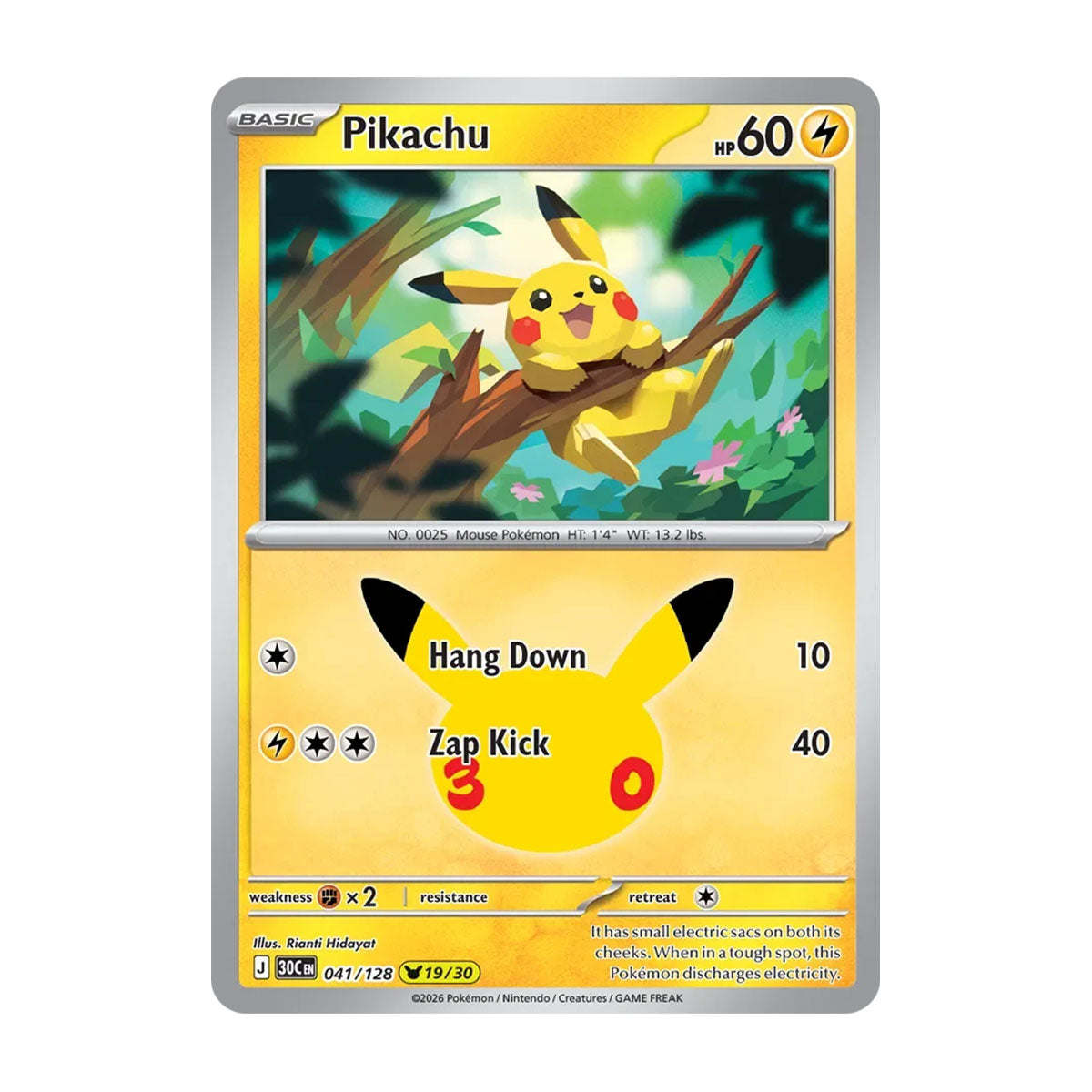 Pikachu 041/128 (19/30) - Mega Evolution - 30th Celebration - Pikachu Rare - JET Cards