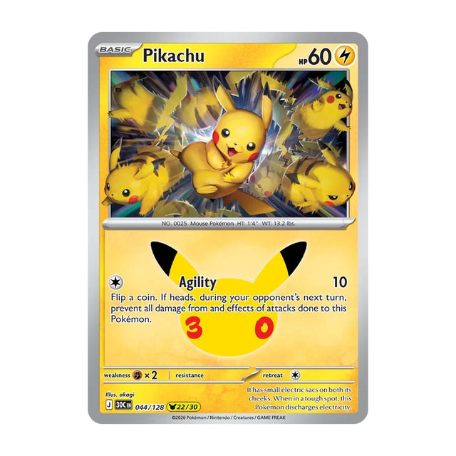 Pikachu 044/128 (22/30) - Mega Evolution - 30th Celebration - Pikachu Rare - JET Cards