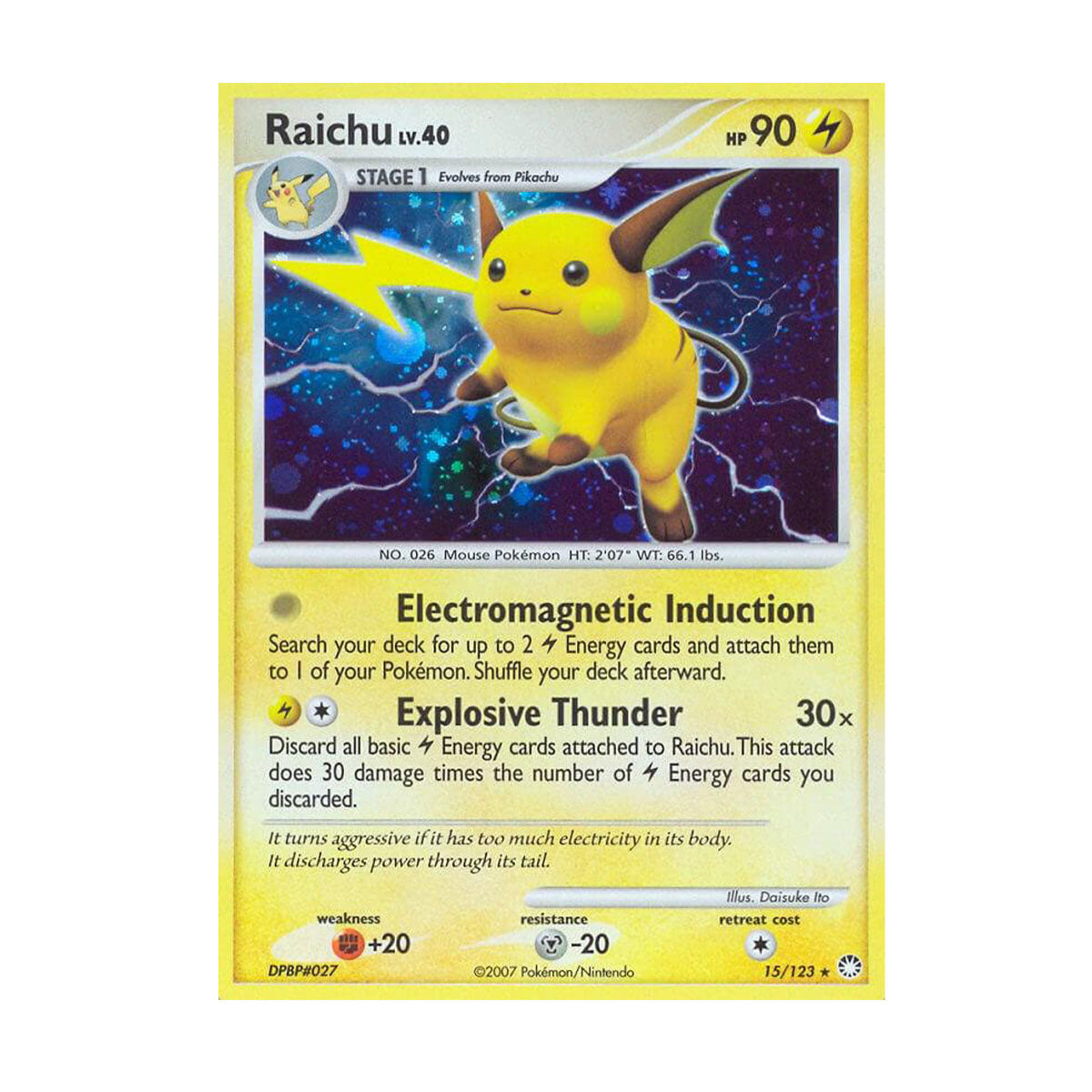 Raichu 15/123 - Diamond and Pearl - Mysterious Treasures - Rare Holo