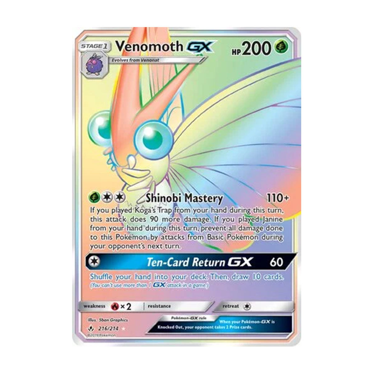 Venomoth GX - Sun & Moon - Unbroken Bonds - Rare Rainbow